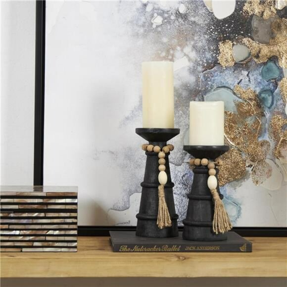 Black Wood Candle Holders Set of 2 Decorative Rustic Beaded Garland Home Decor - Picture 2 of 8